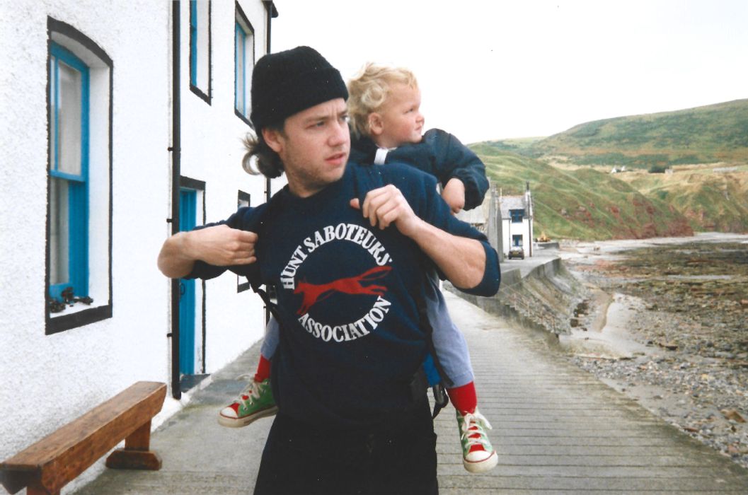 Karl with his daughter on his shoulders